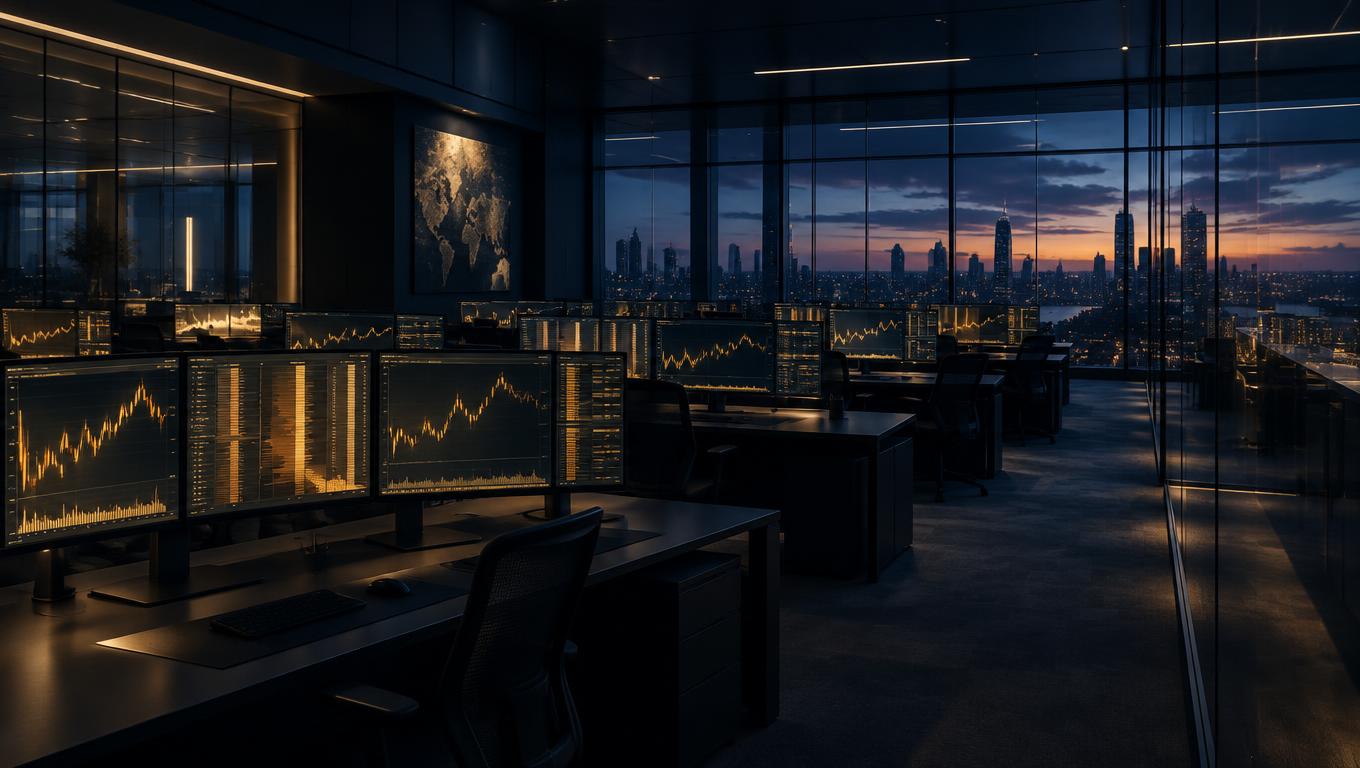 Institutional trading floor at dusk with rows of desks and screens glowing with gold candlestick charts