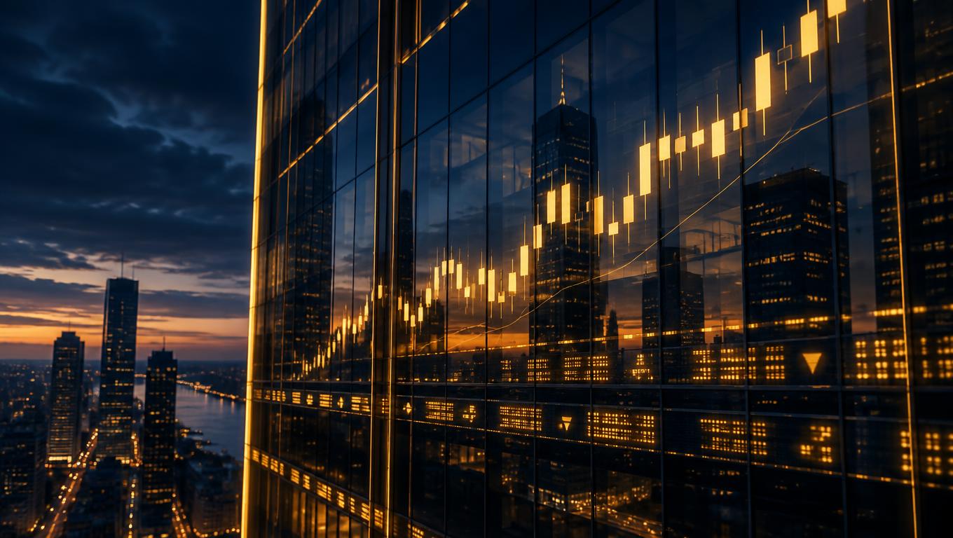 Financial district tower at dusk with a glowing golden candlestick chart and ticker lights reflected across its dark glass