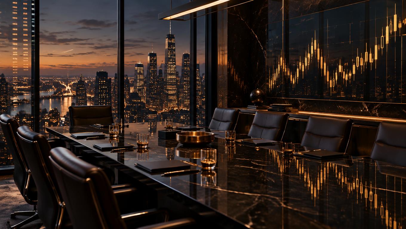 Private boardroom above a city at dusk, its dark glass reflecting a golden stock market candlestick chart