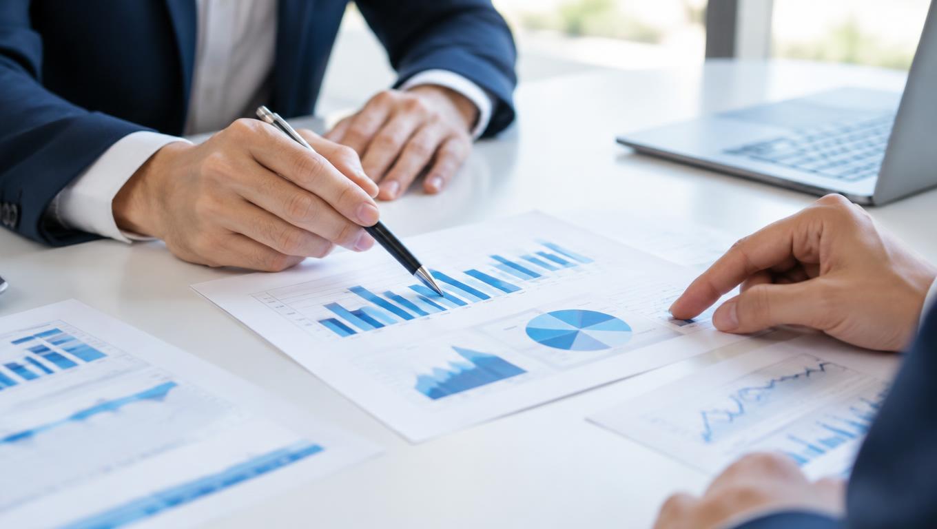 Professionals reviewing printed financial charts at an office meeting