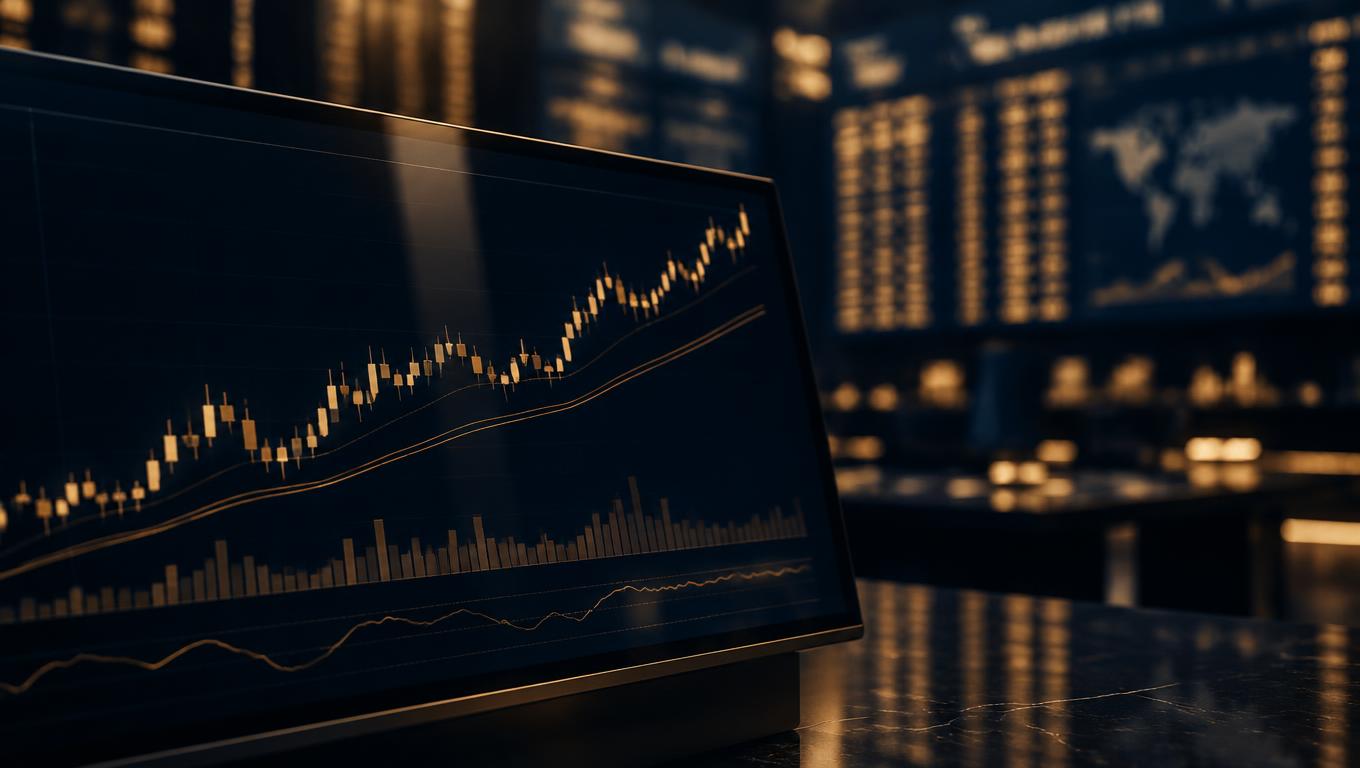 Institutional trading terminal displaying a rising gold candlestick chart against a navy market backdrop