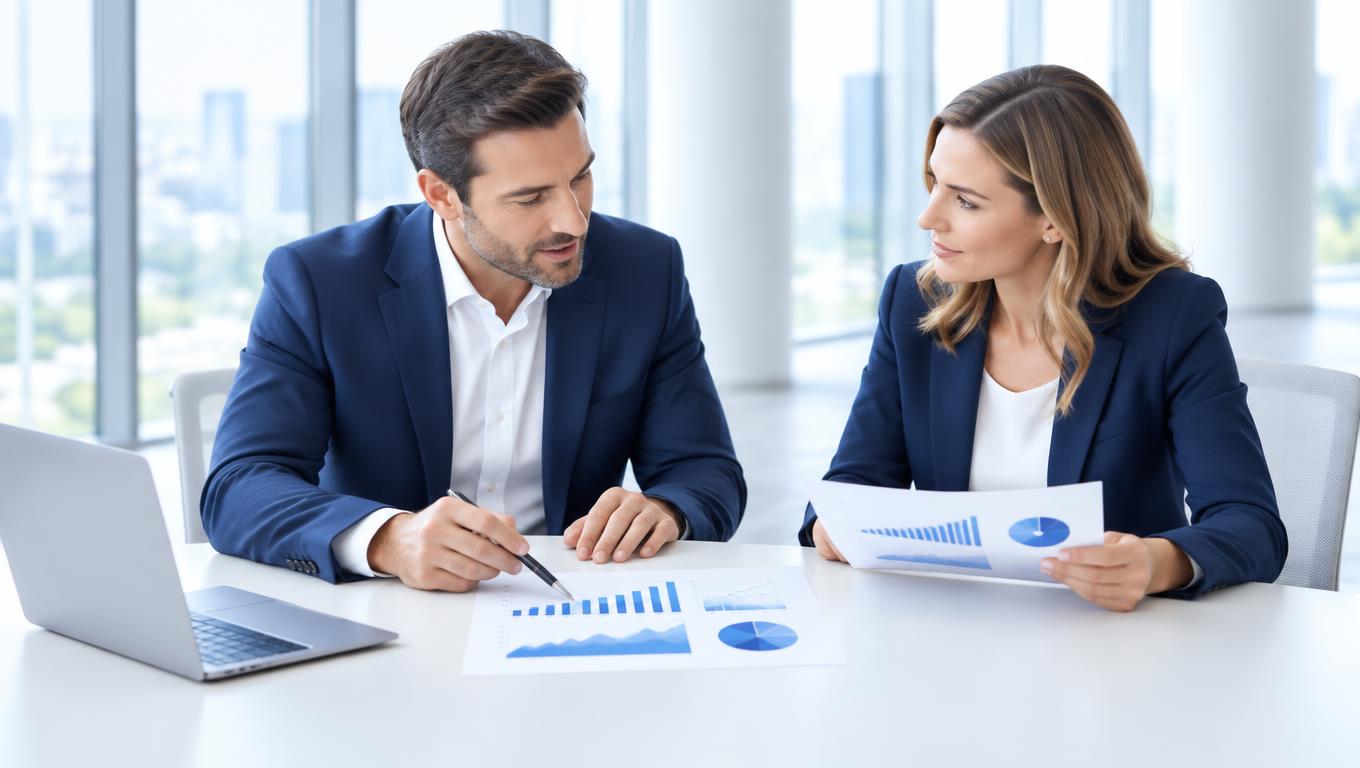 Two professionals in an office reviewing printed financial charts together